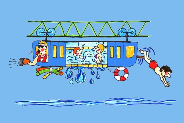 Kinder-Zeichnung einer Schwebebahn-Gondel die ein Schwimmbad ist